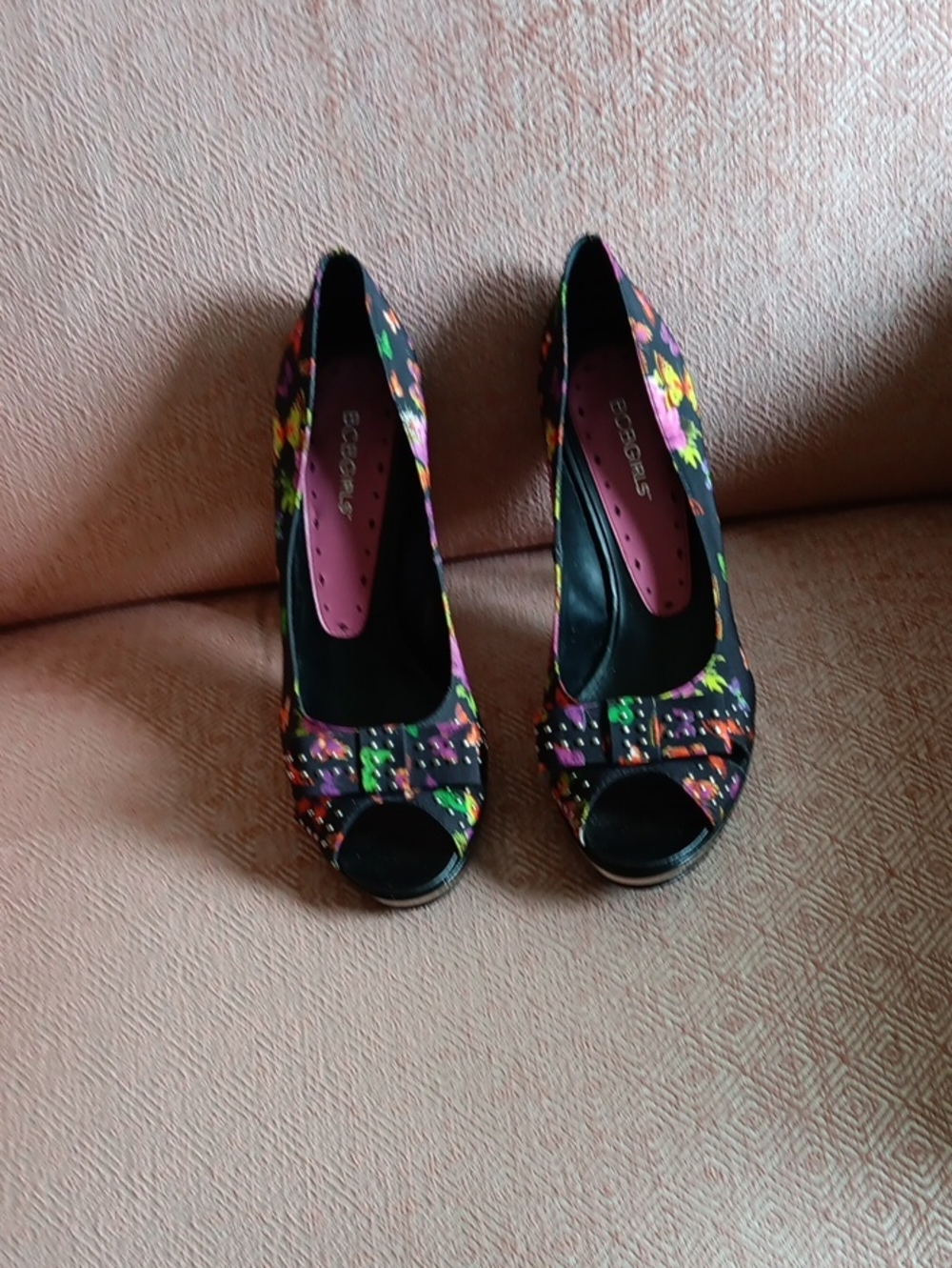 Floral & Butterfly Pattern Peep-Toe Heels On Black Backgtound